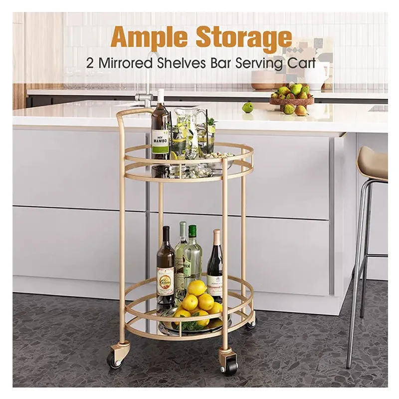 2-Tier Round Rolling Storage Cart With 2 Mirrored Shelves TY03