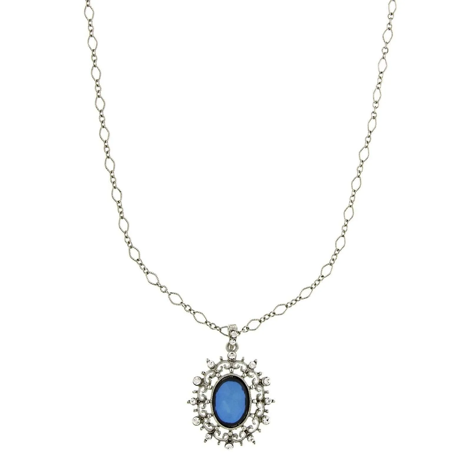 2028 Jewelry Blue Stone And Crystal Oval Pendant Necklace 16"   3" Extender
