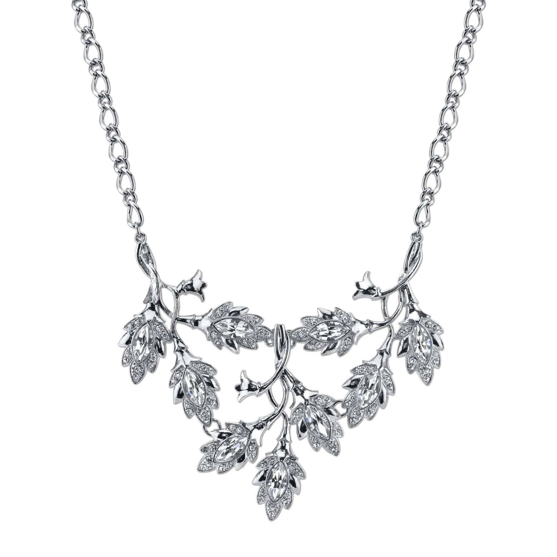 2028 Jewelry Genuine Austrian Crystal Navette Vine Leaf Bib Necklace 16"   3" Extender