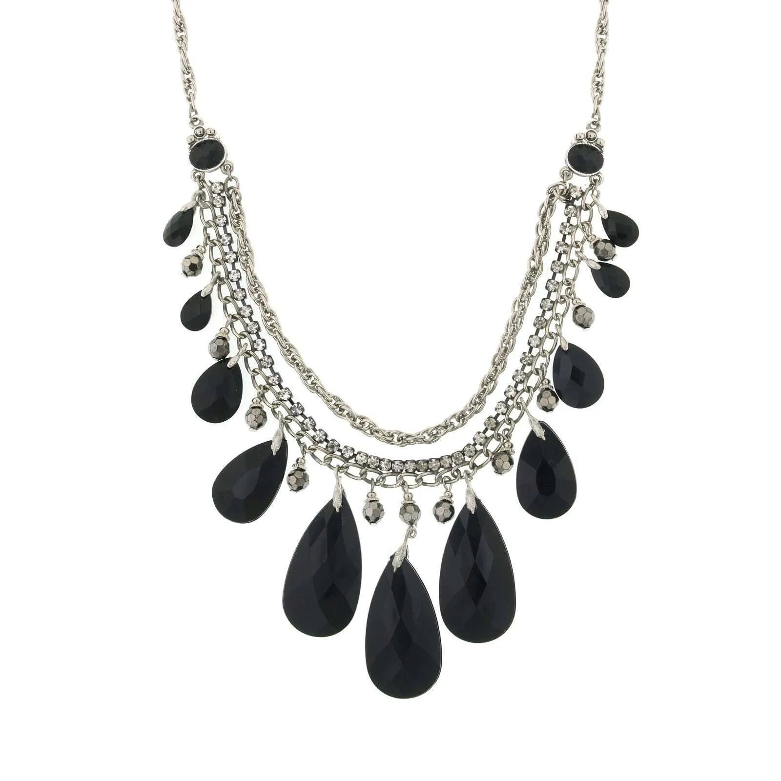 2028 Jewelry Jet Black Briolette Multi Chain Bib Necklace 16"   3" Extension