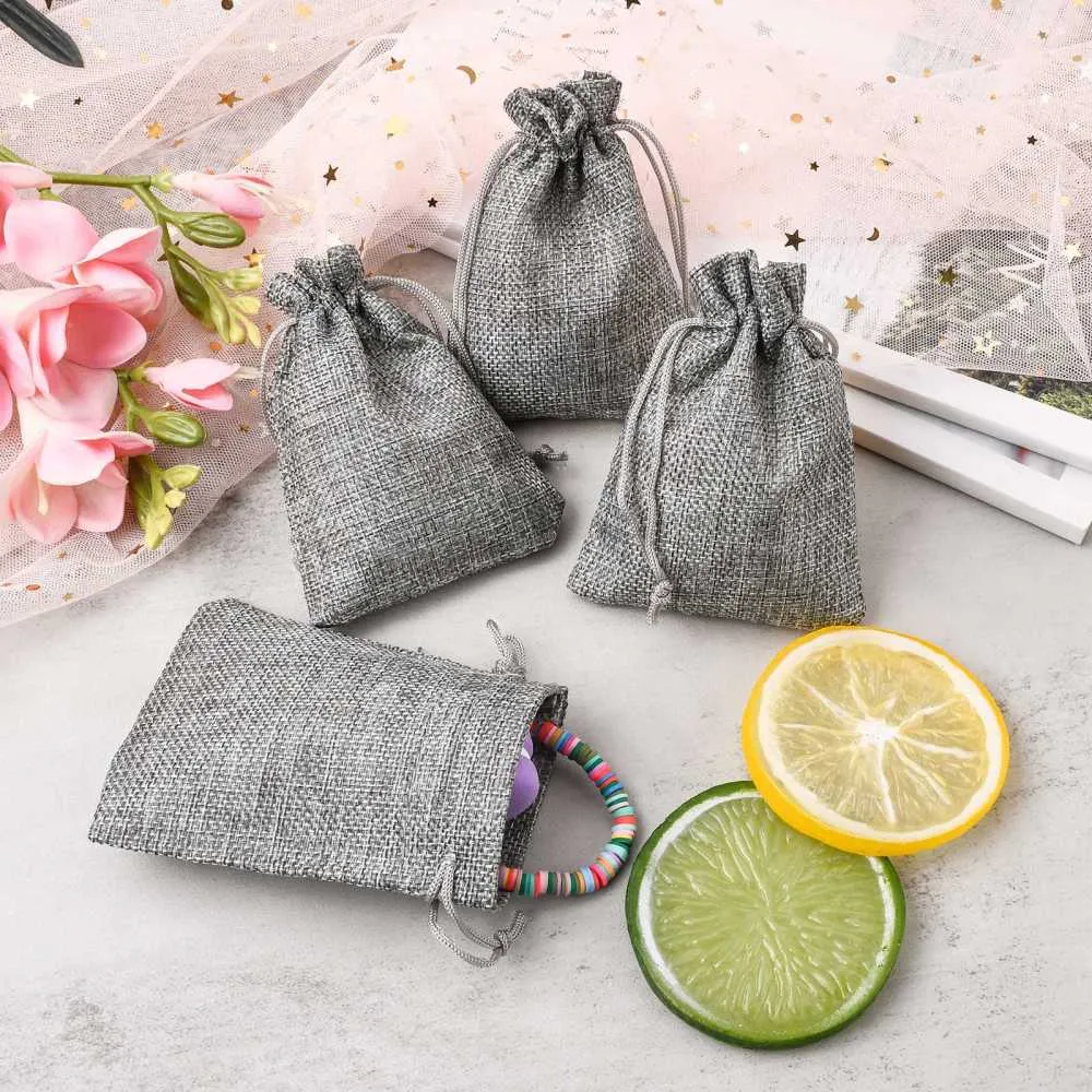 250 pc Polyester Imitation Burlap Packing Pouches Drawstring Bags, for Christmas, Wedding Party and DIY Craft Packing, Gray, 12x9cm