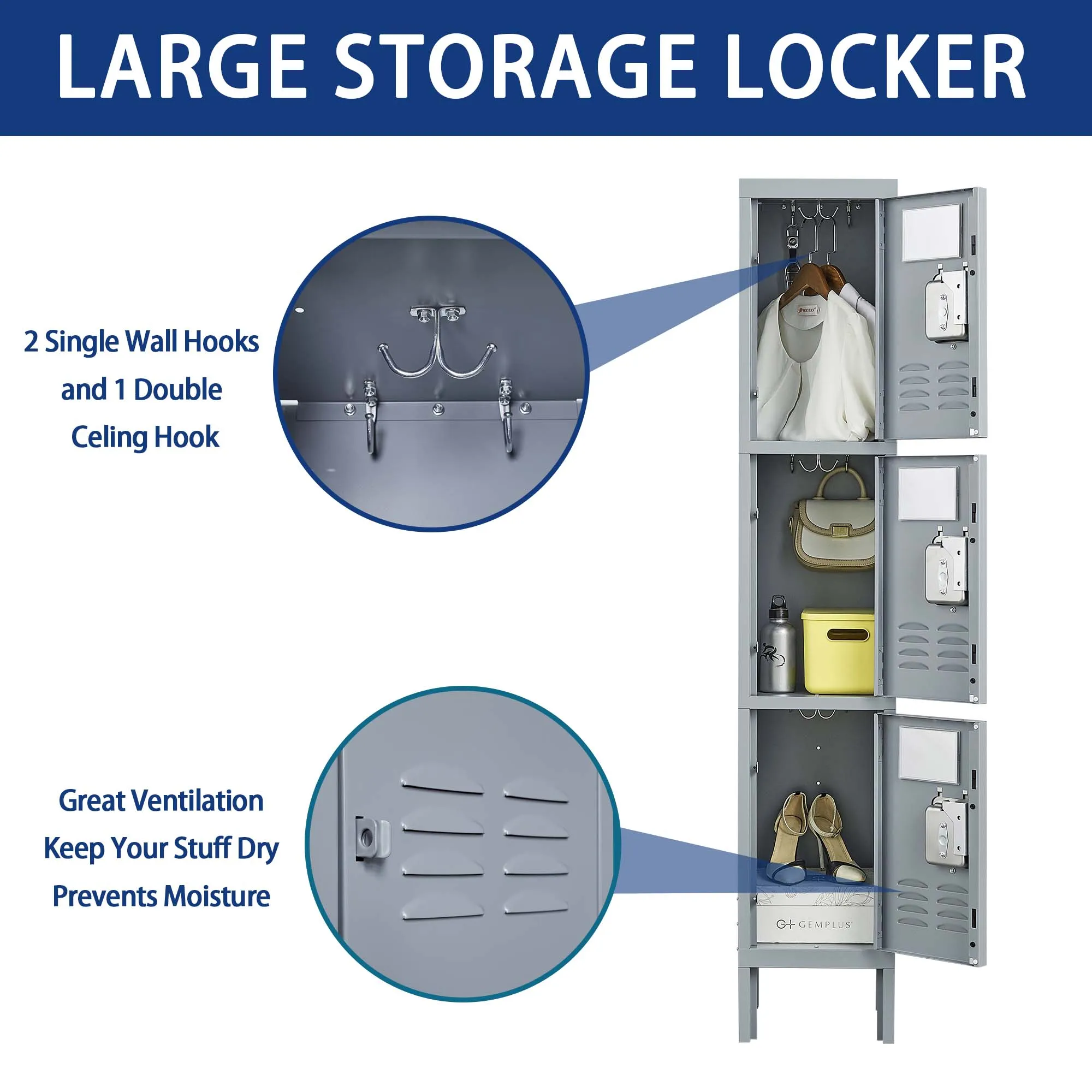 3-Door 66"H Metal Lockers w/ Lock, Storage Cabinet for Home Gym, Office, School, Garage - Gray