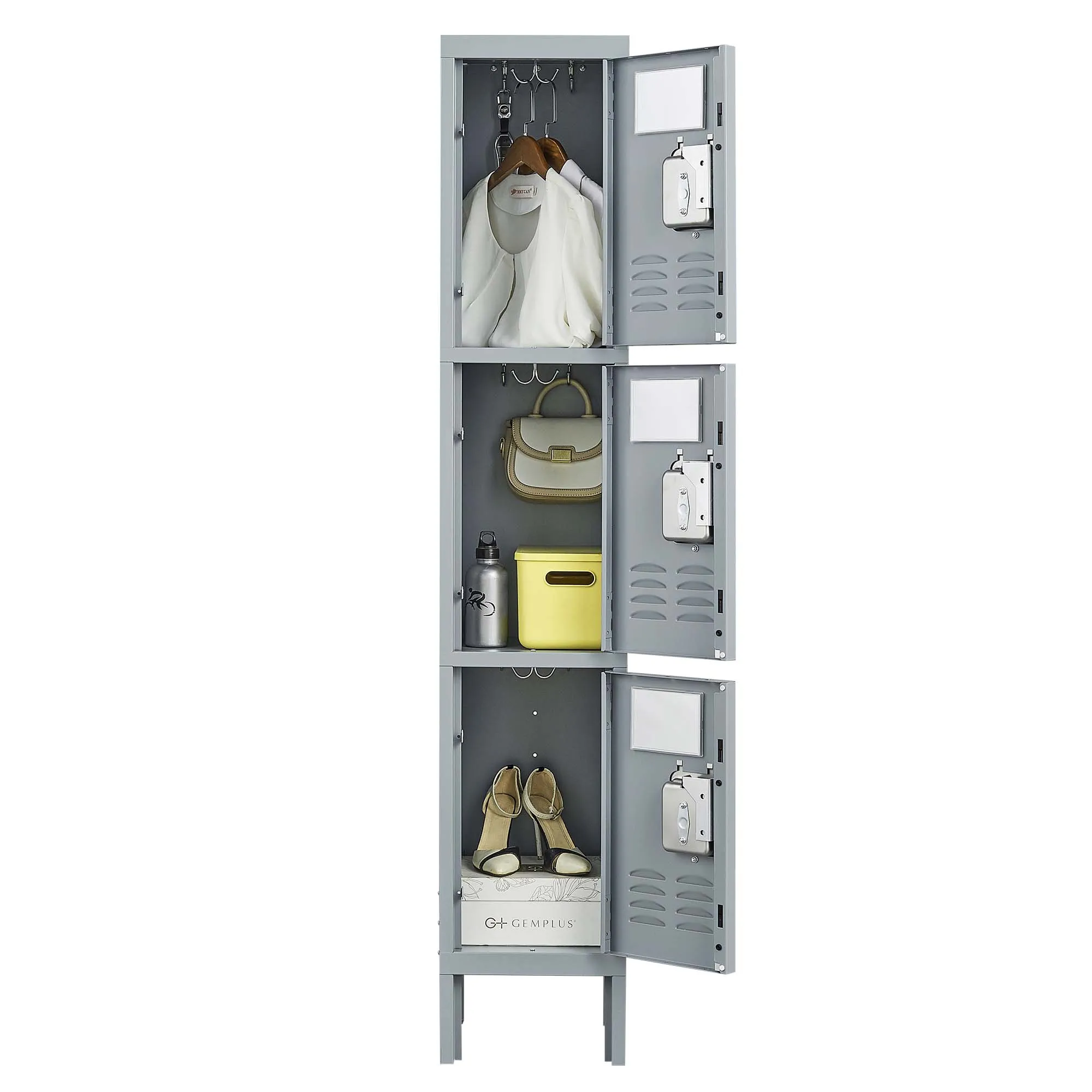 3-Door 66"H Metal Lockers w/ Lock, Storage Cabinet for Home Gym, Office, School, Garage - Gray
