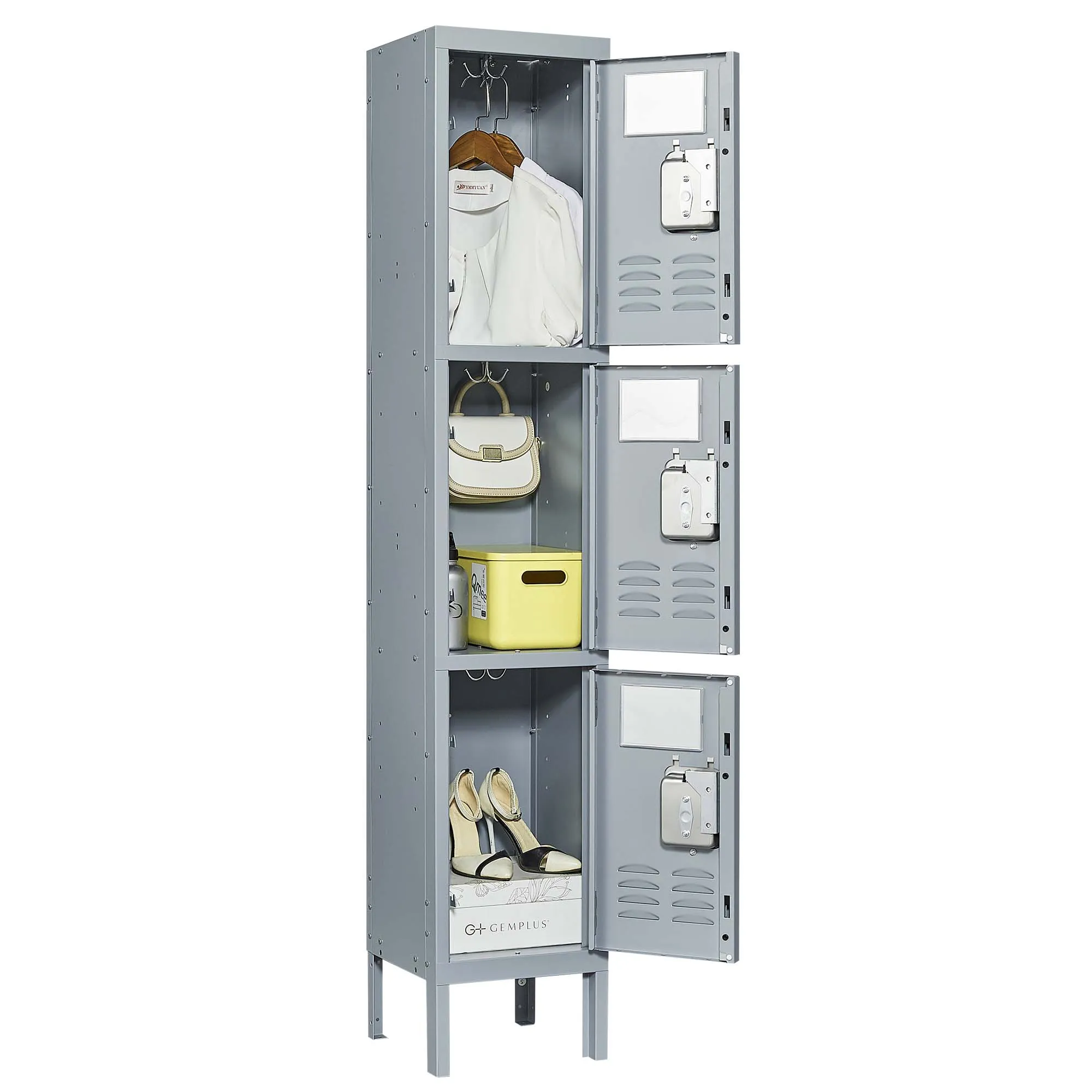3-Door 66"H Metal Lockers w/ Lock, Storage Cabinet for Home Gym, Office, School, Garage - Gray
