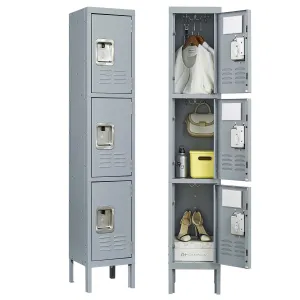 3-Door 66"H Metal Lockers w/ Lock, Storage Cabinet for Home Gym, Office, School, Garage - Gray