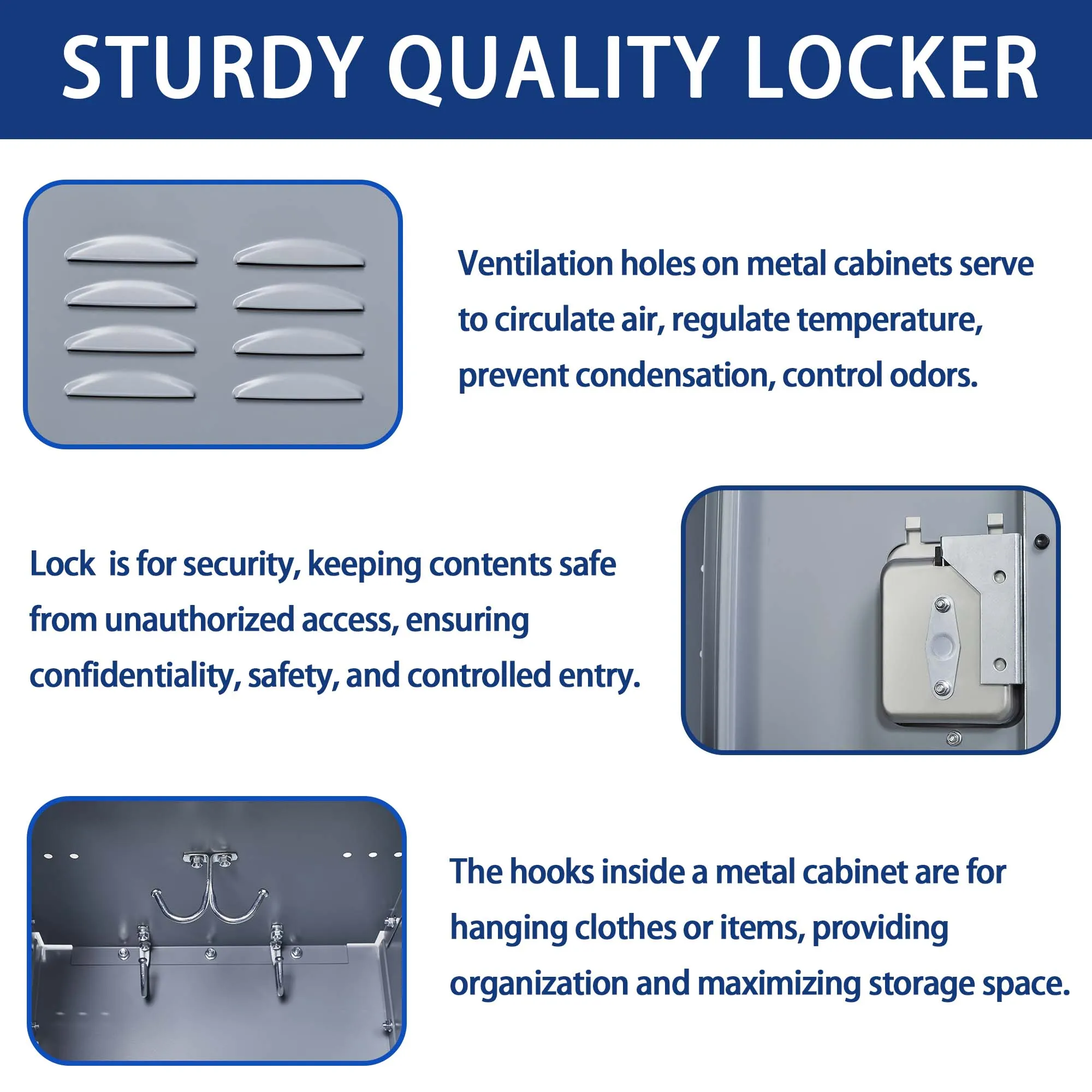 3-Door 66"H Metal Lockers w/ Lock, Storage Cabinet for Home Gym, Office, School, Garage - Gray