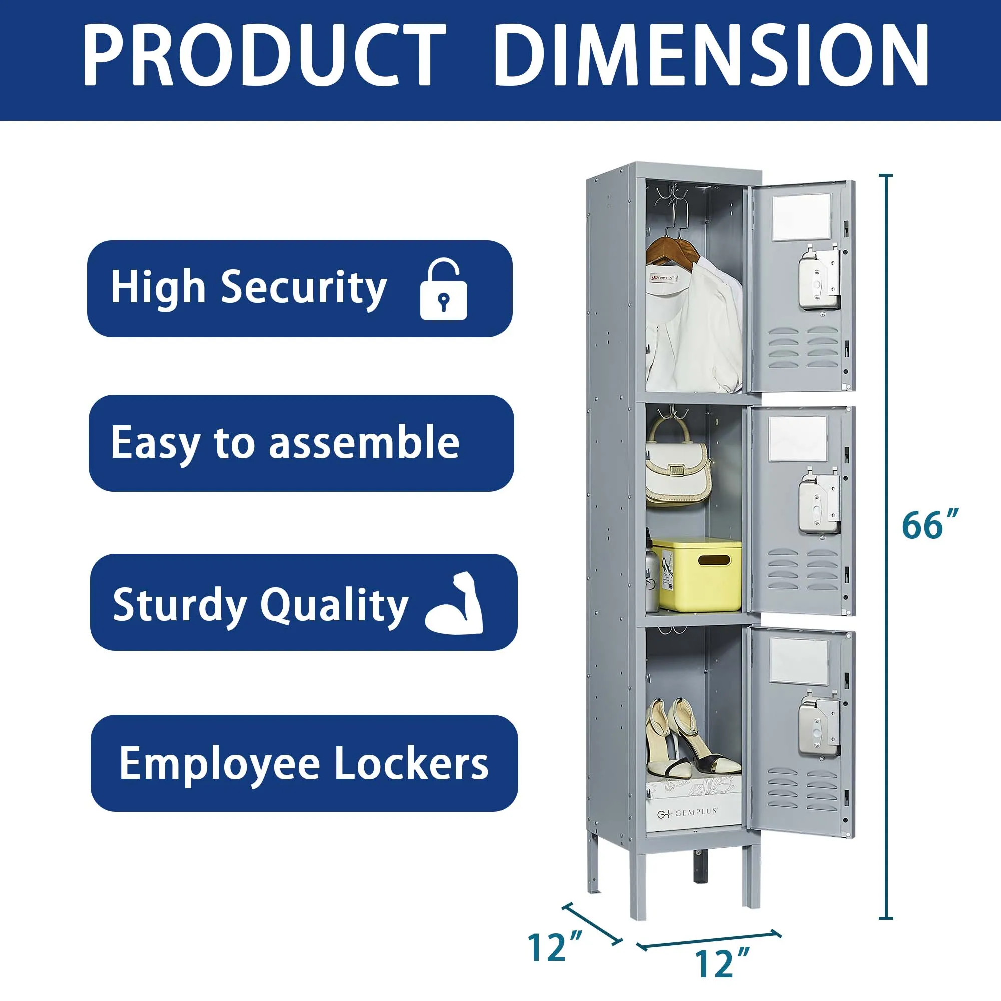 3-Door 66"H Metal Lockers w/ Lock, Storage Cabinet for Home Gym, Office, School, Garage - Gray