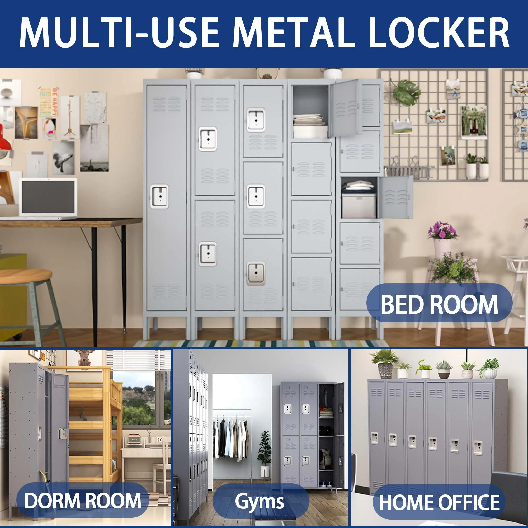3-Door 66"H Metal Lockers w/ Lock, Storage Cabinet for Home Gym, Office, School, Garage - Gray