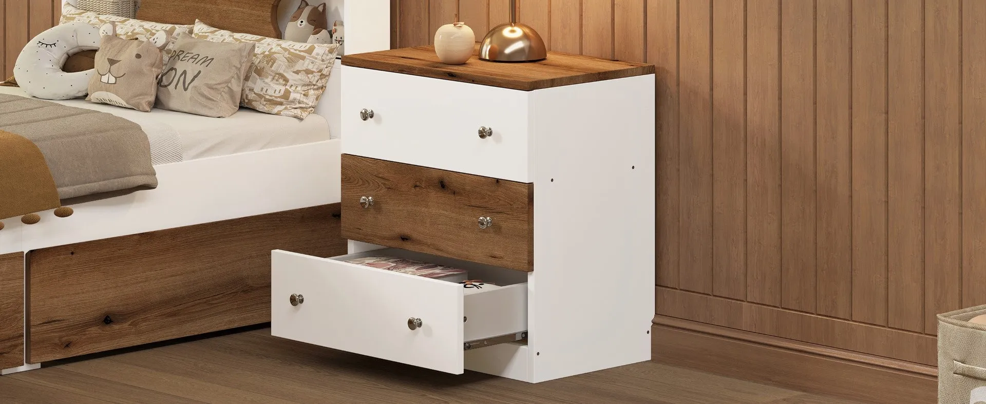 3-Drawer Wooden Nightstand, Colorblock Design, Plastic Handle, Storage Cabinet, Bedroom Side Table, White/Brown