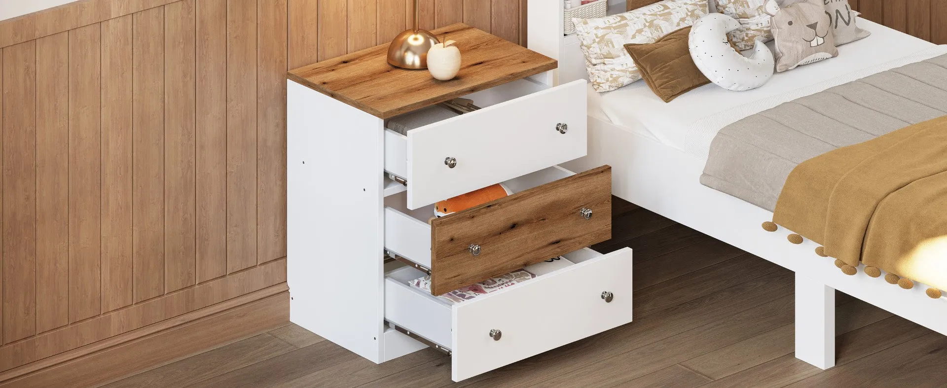 3-Drawer Wooden Nightstand, Colorblock Design, Plastic Handle, Storage Cabinet, Bedroom Side Table, White/Brown