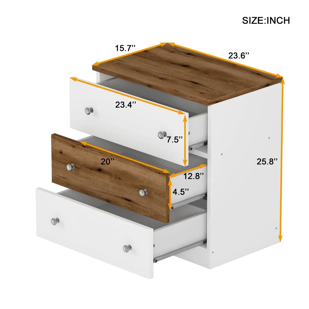 3-Drawer Wooden Nightstand, Colorblock Design, Plastic Handle, Storage Cabinet, Bedroom Side Table, White/Brown