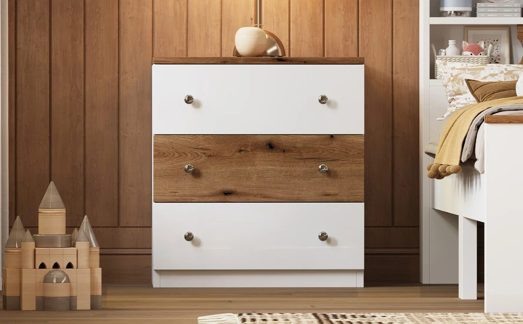 3-Drawer Wooden Nightstand, Colorblock Design, Plastic Handle, Storage Cabinet, Bedroom Side Table, White/Brown