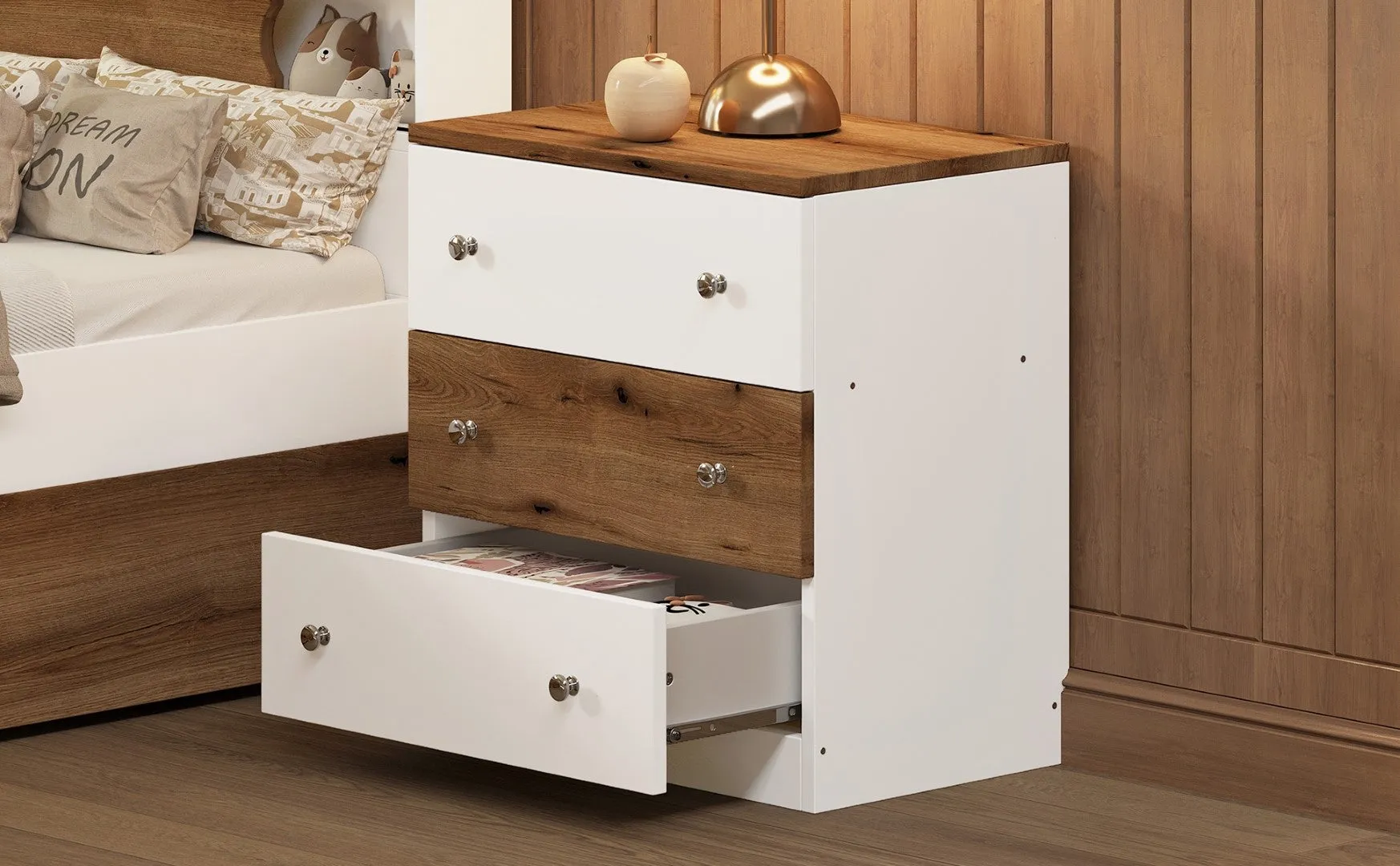 3-Drawer Wooden Nightstand, Colorblock Design, Plastic Handle, Storage Cabinet, Bedroom Side Table, White/Brown