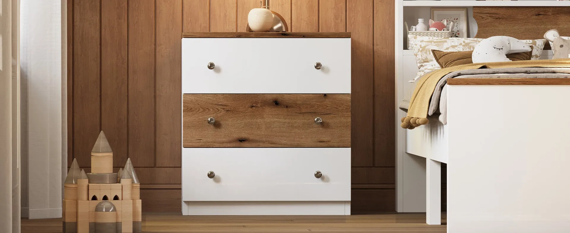 3-Drawer Wooden Nightstand, Colorblock Design, Plastic Handle, Storage Cabinet, Bedroom Side Table, White/Brown