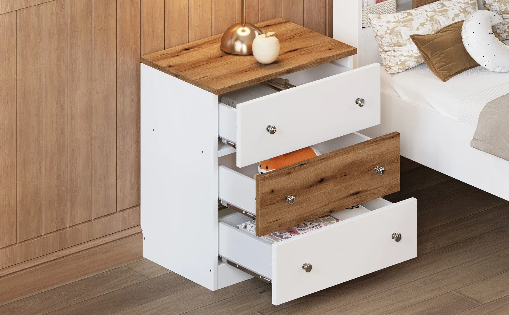 3-Drawer Wooden Nightstand, Colorblock Design, Plastic Handle, Storage Cabinet, Bedroom Side Table, White/Brown