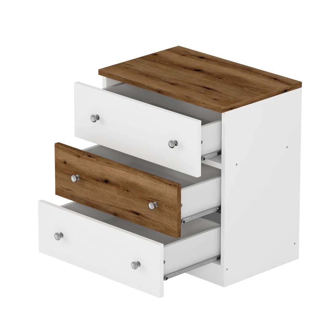 3-Drawer Wooden Nightstand, Colorblock Design, Plastic Handle, Storage Cabinet, Bedroom Side Table, White/Brown