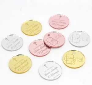 50 Pcs Custom Jewelry Tags, Round Gold Silver Rose Gold Transparent Clear Wood, Mirrored, Personalized Text Engraving With Without Hole