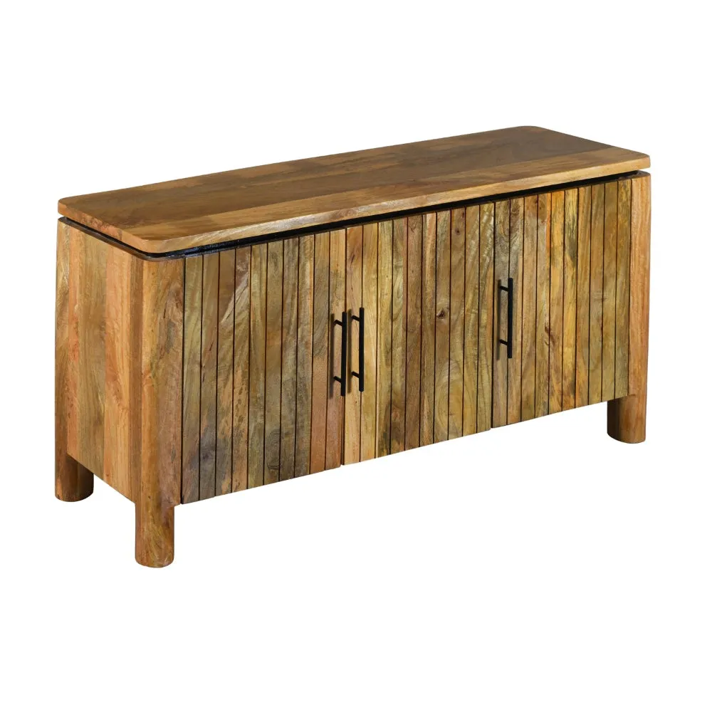 54 Inch Sideboard Console with 3 Grooved Cabinet Doors, Iron Handles, Natural Brown Mango Wood By The Urban Port