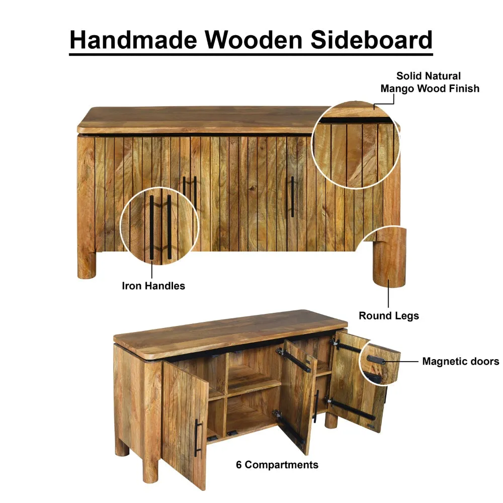 54 Inch Sideboard Console with 3 Grooved Cabinet Doors, Iron Handles, Natural Brown Mango Wood By The Urban Port