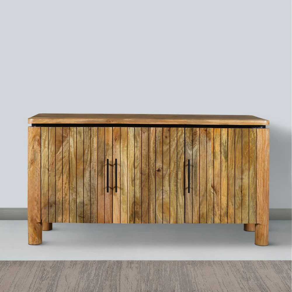 54 Inch Sideboard Console with 3 Grooved Cabinet Doors, Iron Handles, Natural Brown Mango Wood By The Urban Port