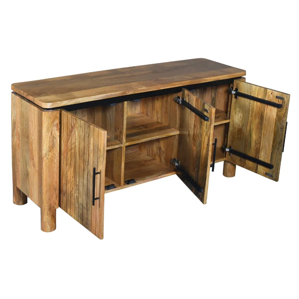 54 Inch Sideboard Console with 3 Grooved Cabinet Doors, Iron Handles, Natural Brown Mango Wood By The Urban Port