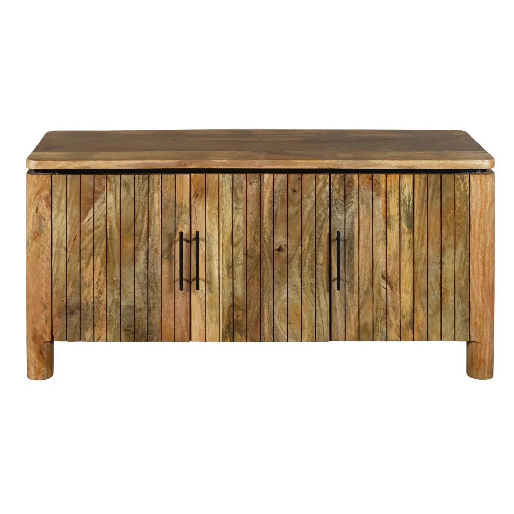 54 Inch Sideboard Console with 3 Grooved Cabinet Doors, Iron Handles, Natural Brown Mango Wood By The Urban Port