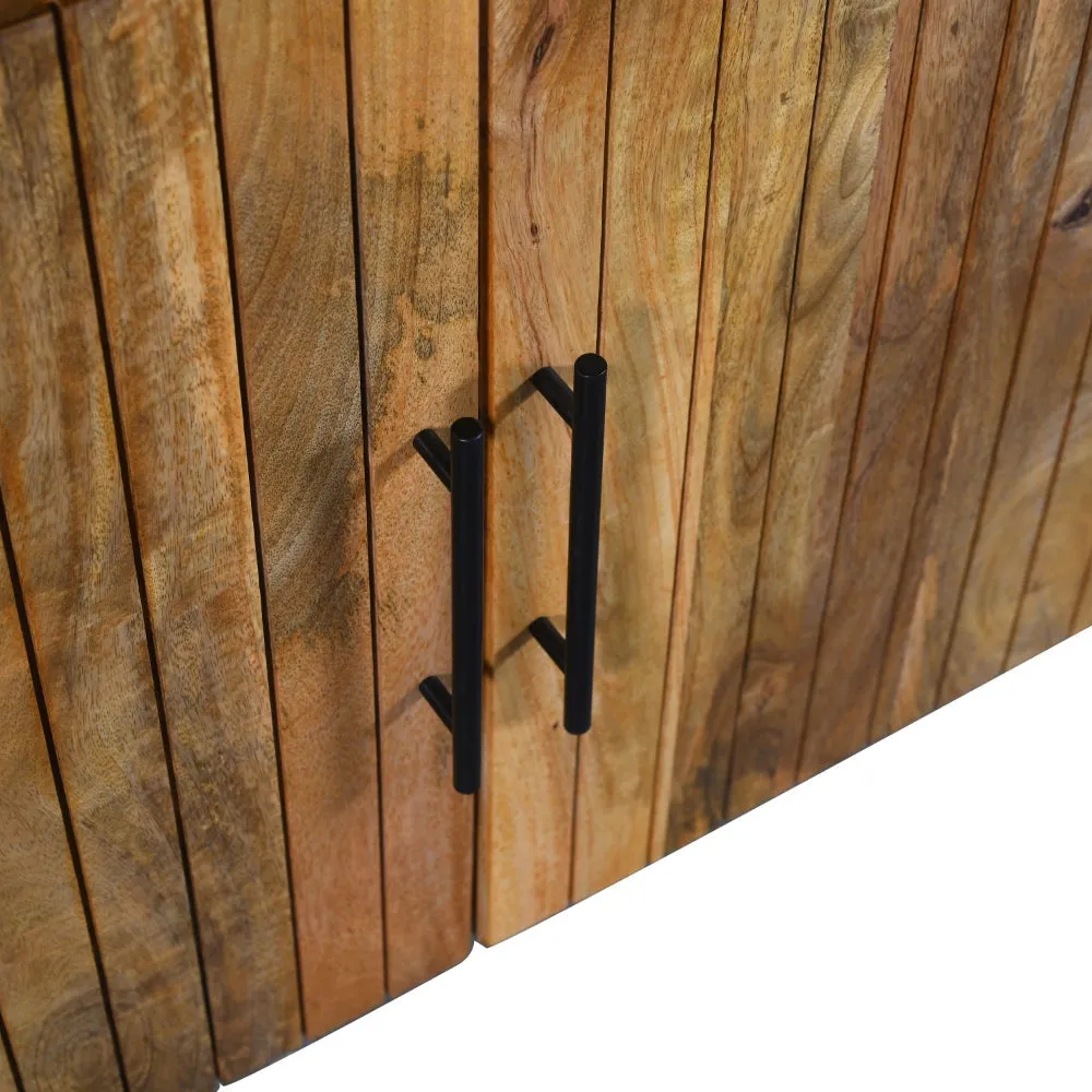 54 Inch Sideboard Console with 3 Grooved Cabinet Doors, Iron Handles, Natural Brown Mango Wood By The Urban Port