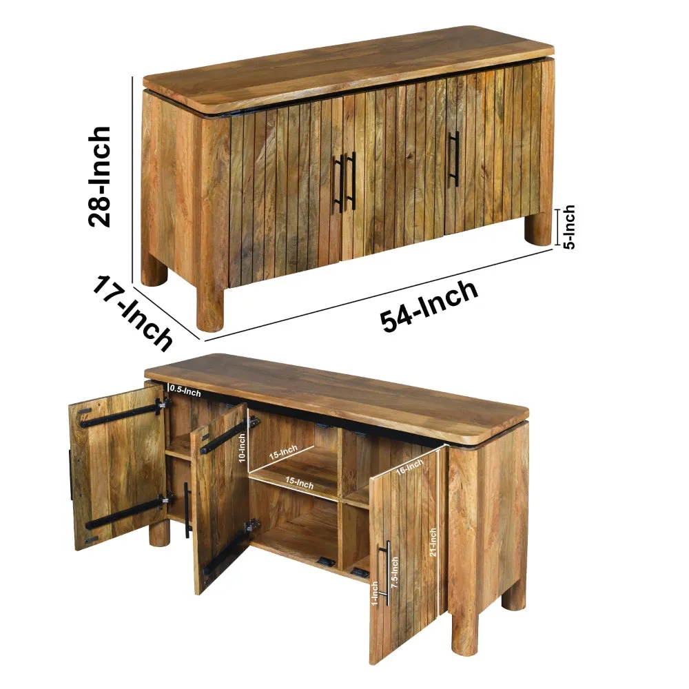 54 Inch Sideboard Console with 3 Grooved Cabinet Doors, Iron Handles, Natural Brown Mango Wood By The Urban Port