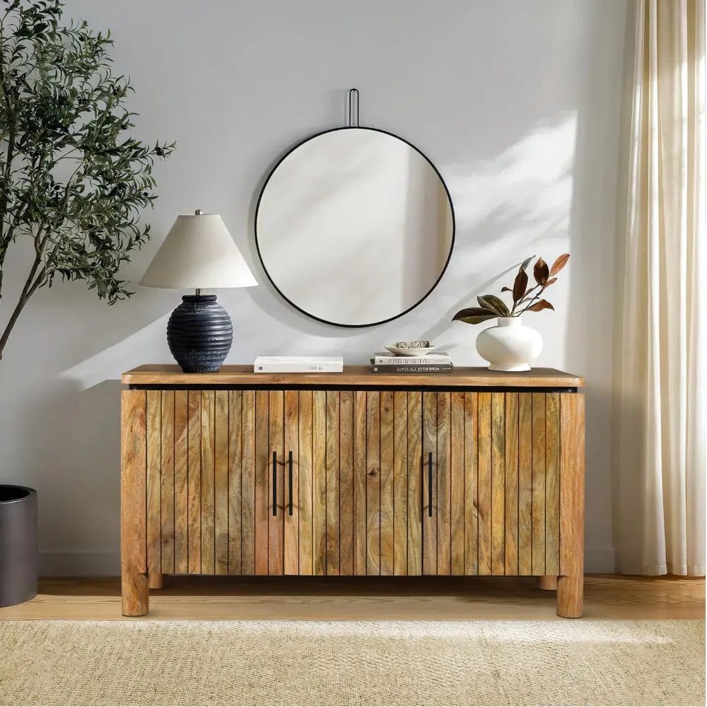 54 Inch Sideboard Console with 3 Grooved Cabinet Doors, Iron Handles, Natural Brown Mango Wood By The Urban Port