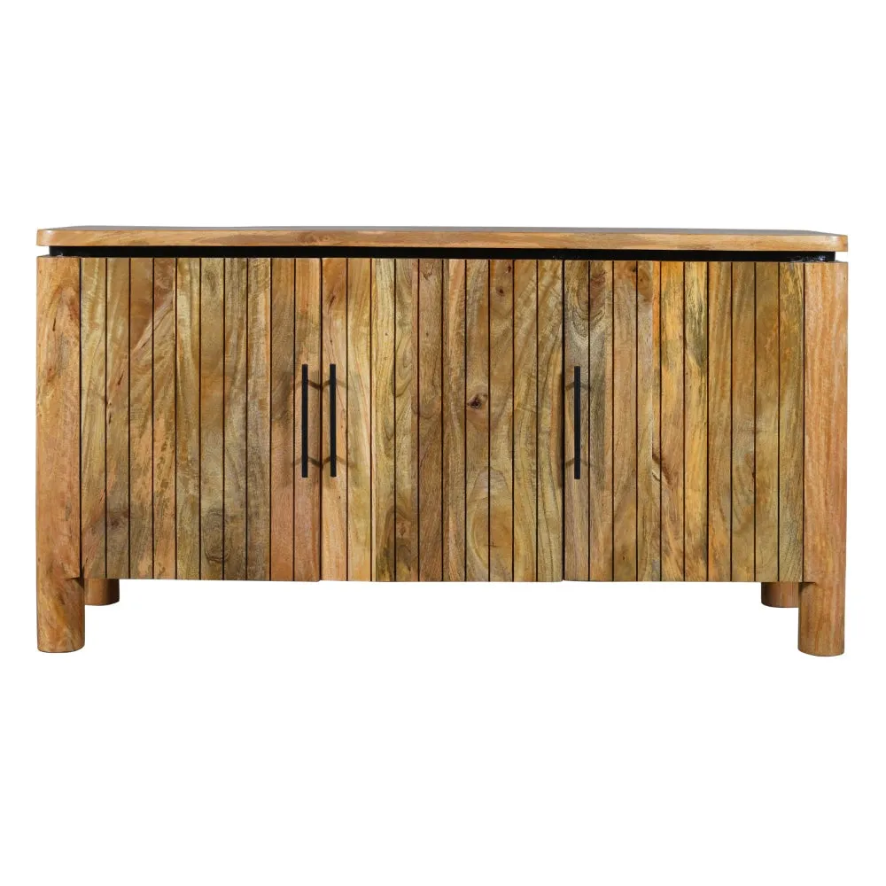 54 Inch Sideboard Console with 3 Grooved Cabinet Doors, Iron Handles, Natural Brown Mango Wood By The Urban Port