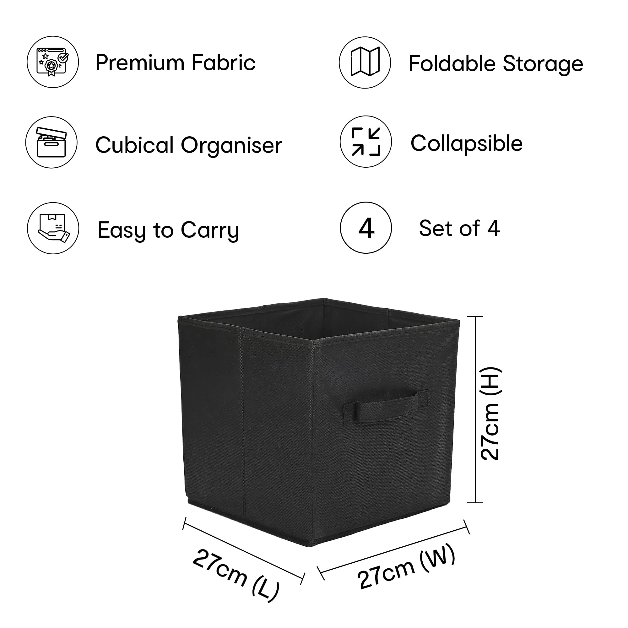 Anko Premium Foldable Storage Box for Saree, Shirts, Books, Toys | Set of 4 | Sturdy, Durable Fabric | Collapsible Organizer for Home, Office, Bedroom | Black | 10.6 inches