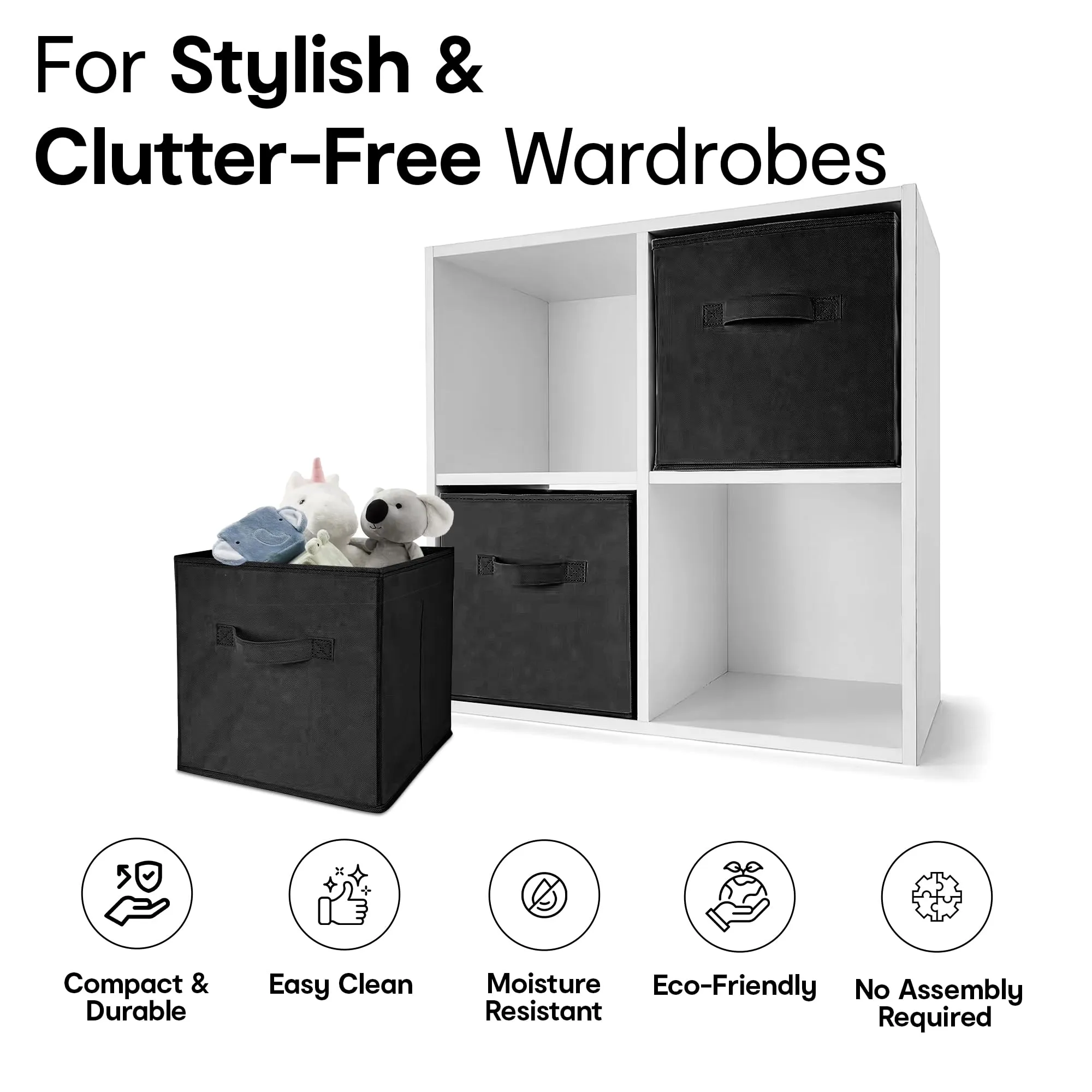 Anko Premium Foldable Storage Box for Saree, Shirts, Books, Toys | Set of 4 | Sturdy, Durable Fabric | Collapsible Organizer for Home, Office, Bedroom | Black | 10.6 inches