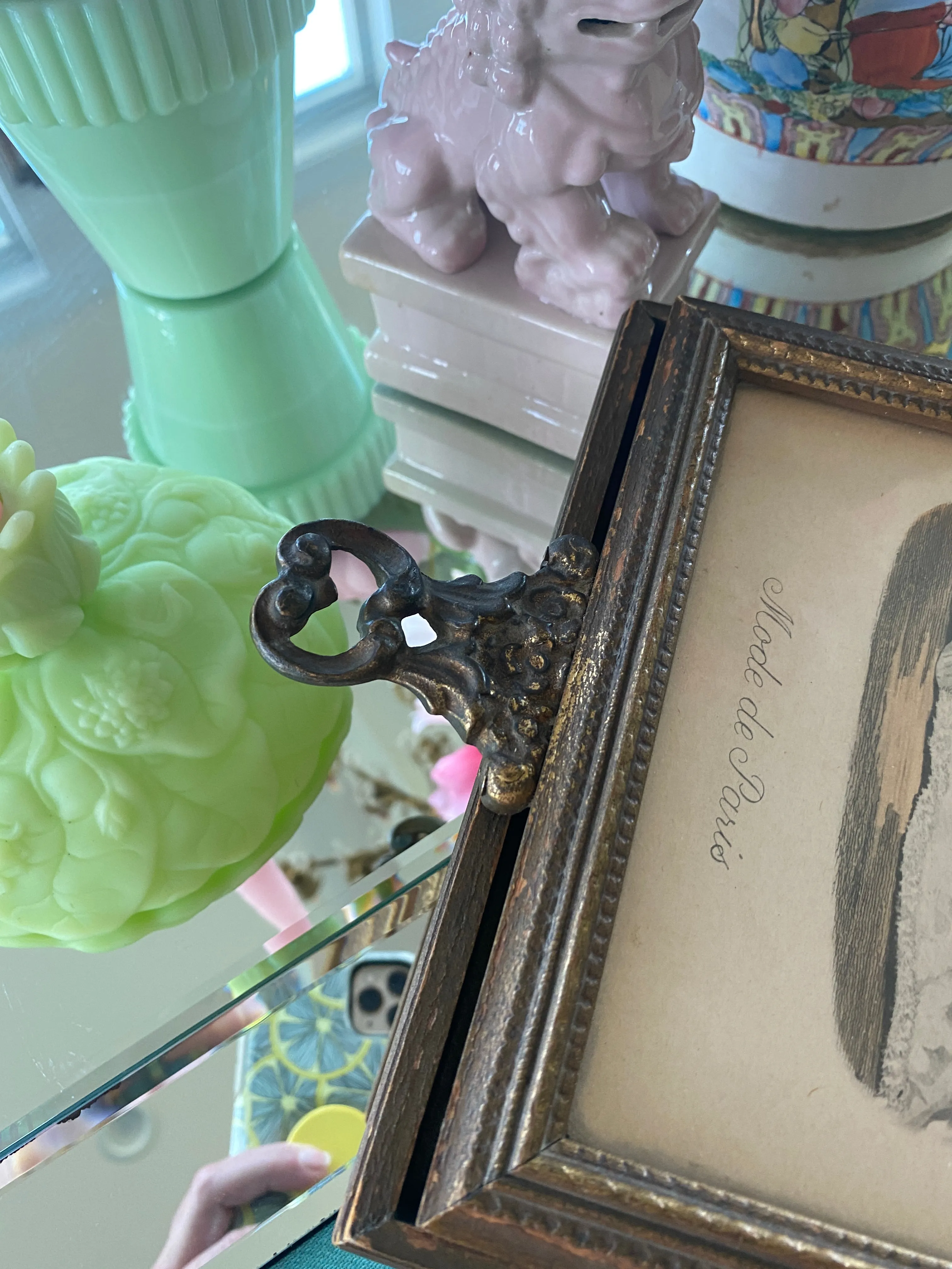 Antique Wooden French Mirror Jewelry Box With Artwork top