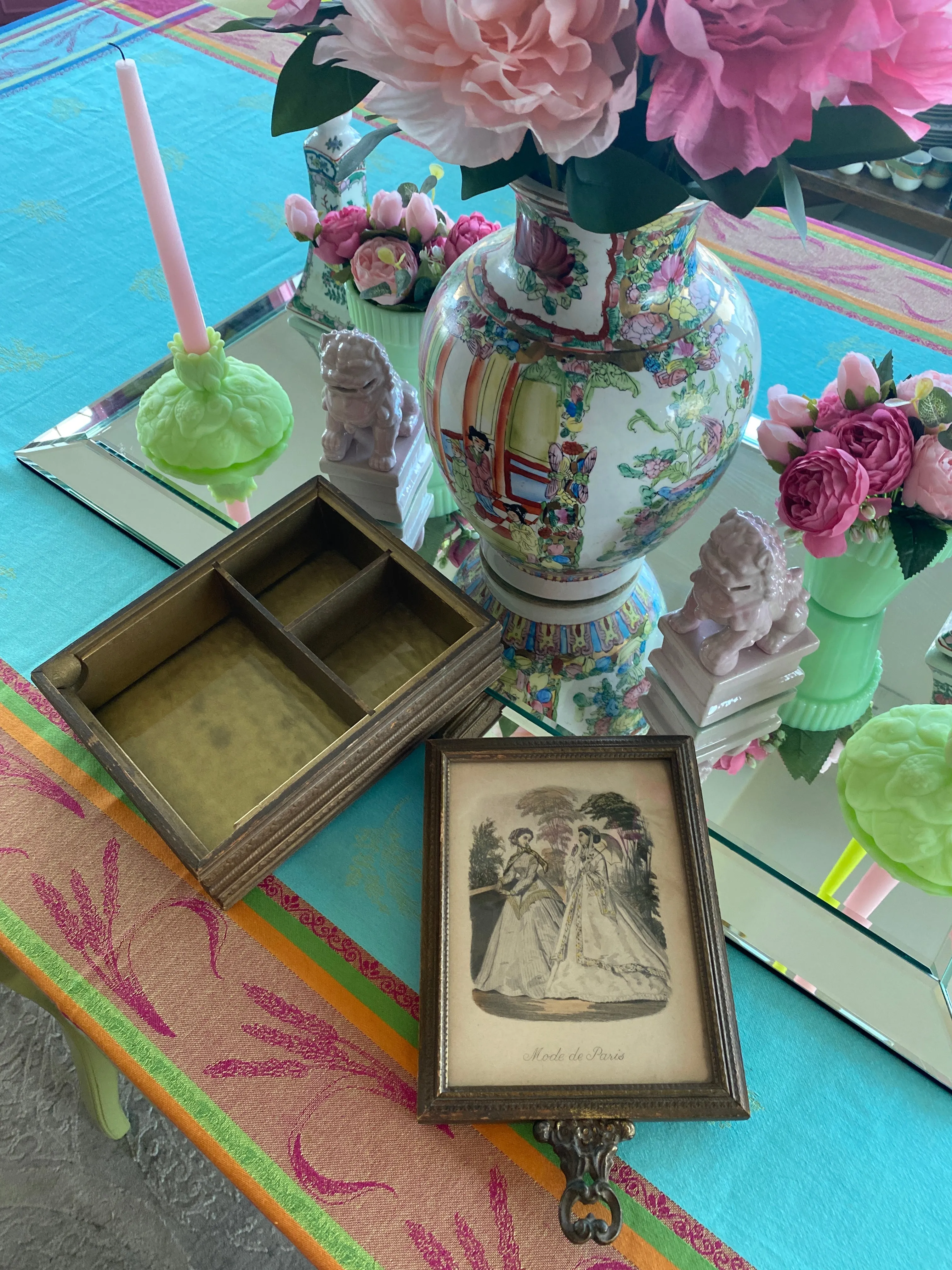 Antique Wooden French Mirror Jewelry Box With Artwork top