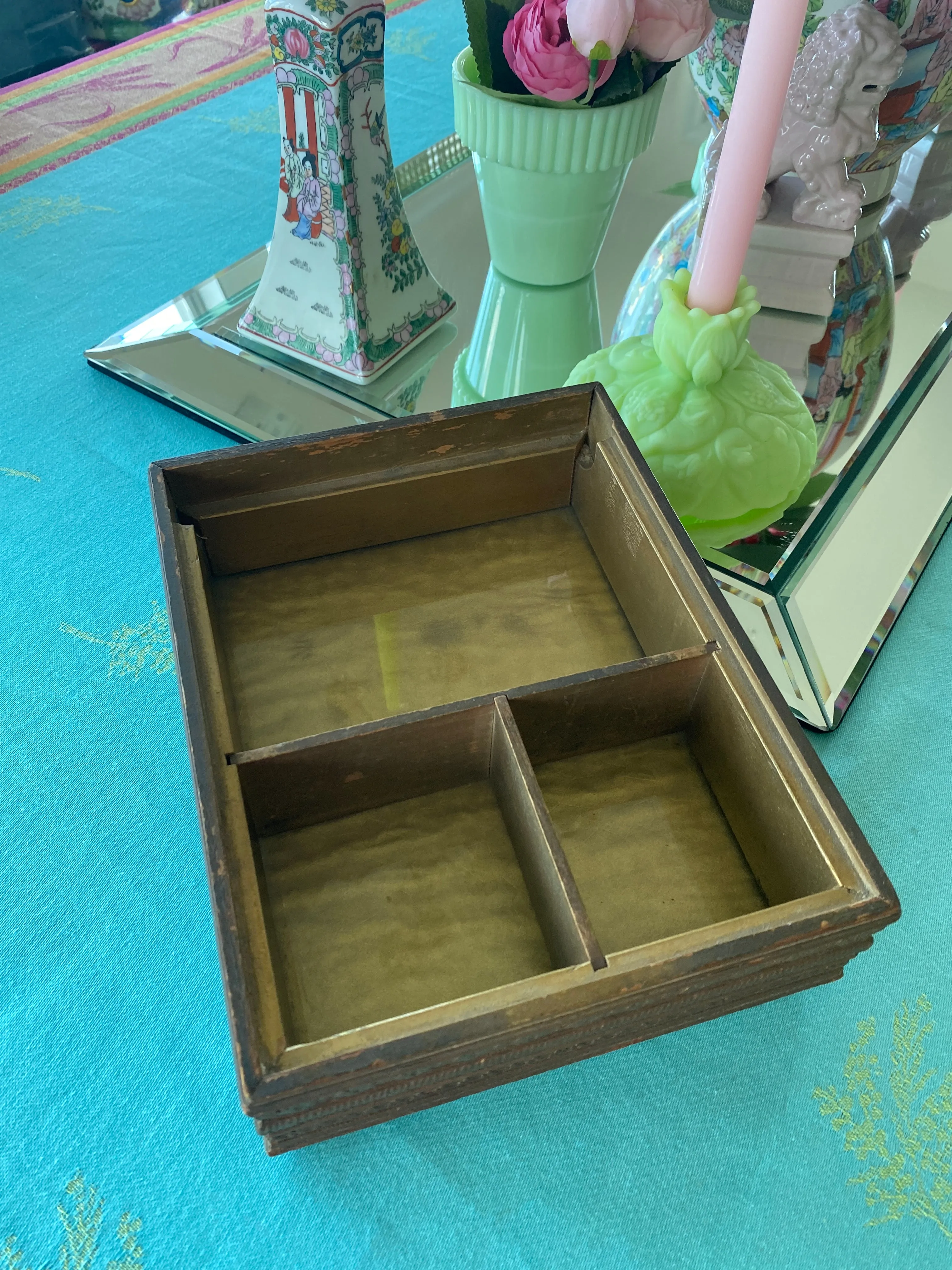 Antique Wooden French Mirror Jewelry Box With Artwork top