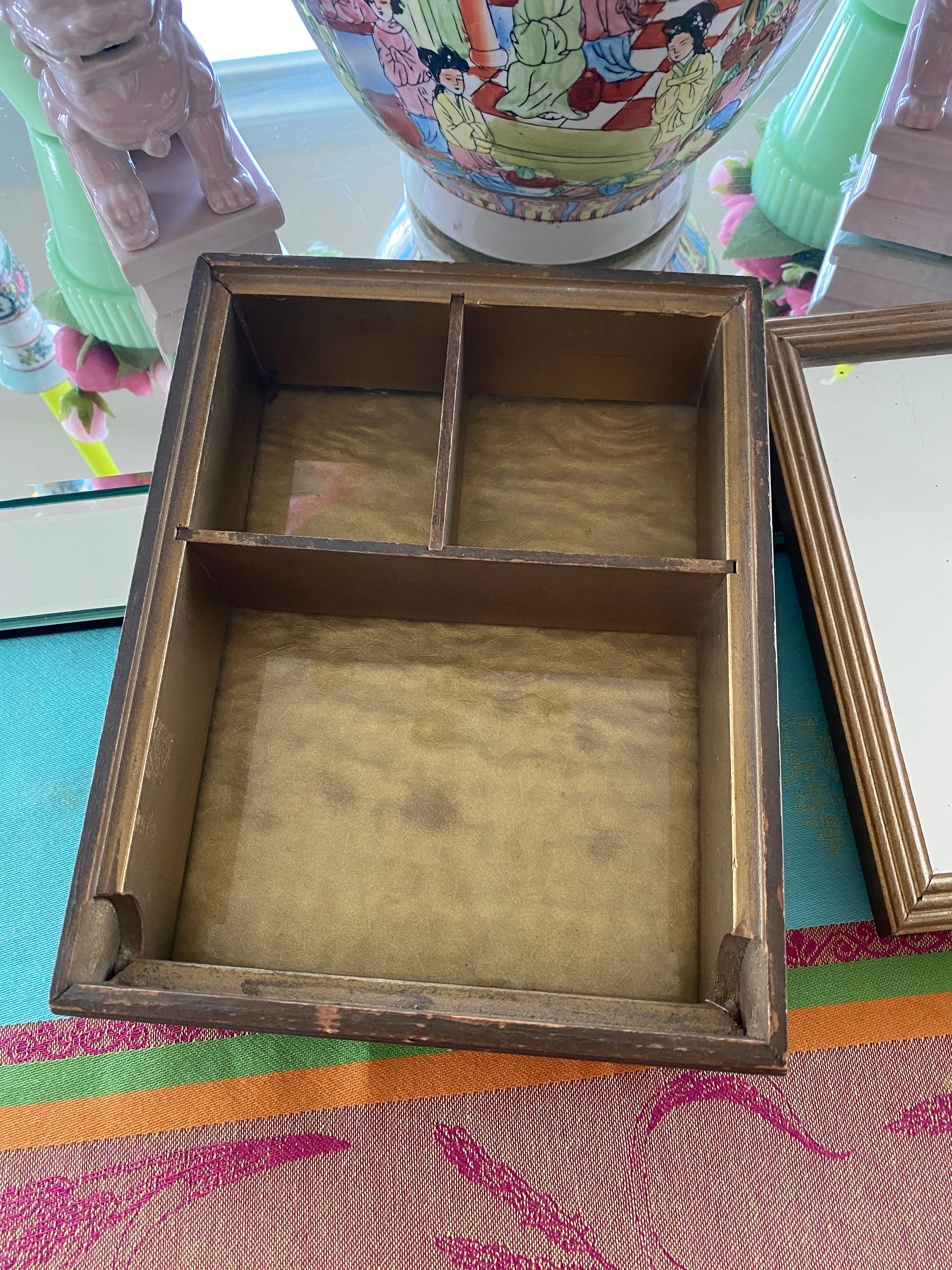 Antique Wooden French Mirror Jewelry Box With Artwork top