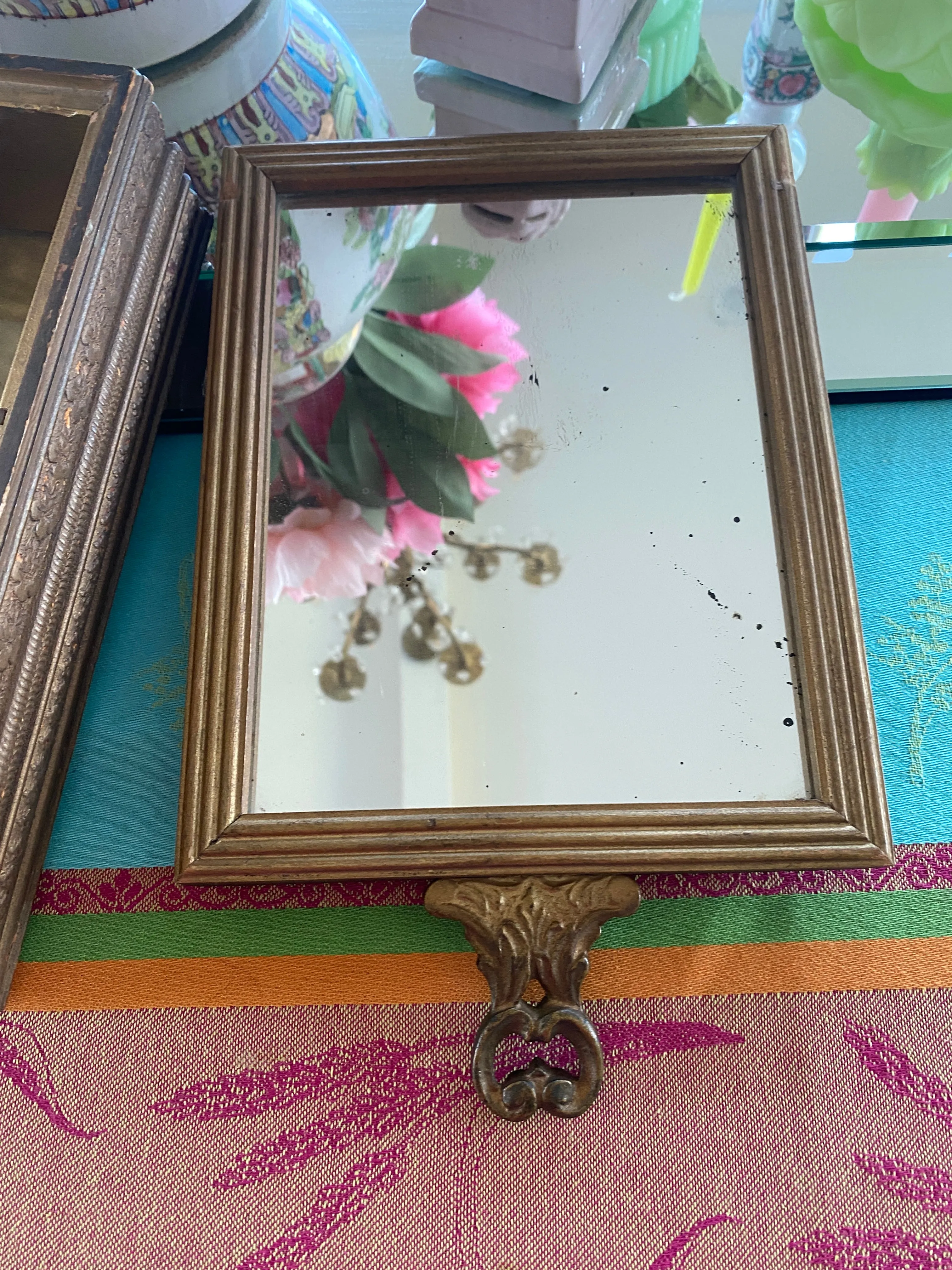 Antique Wooden French Mirror Jewelry Box With Artwork top