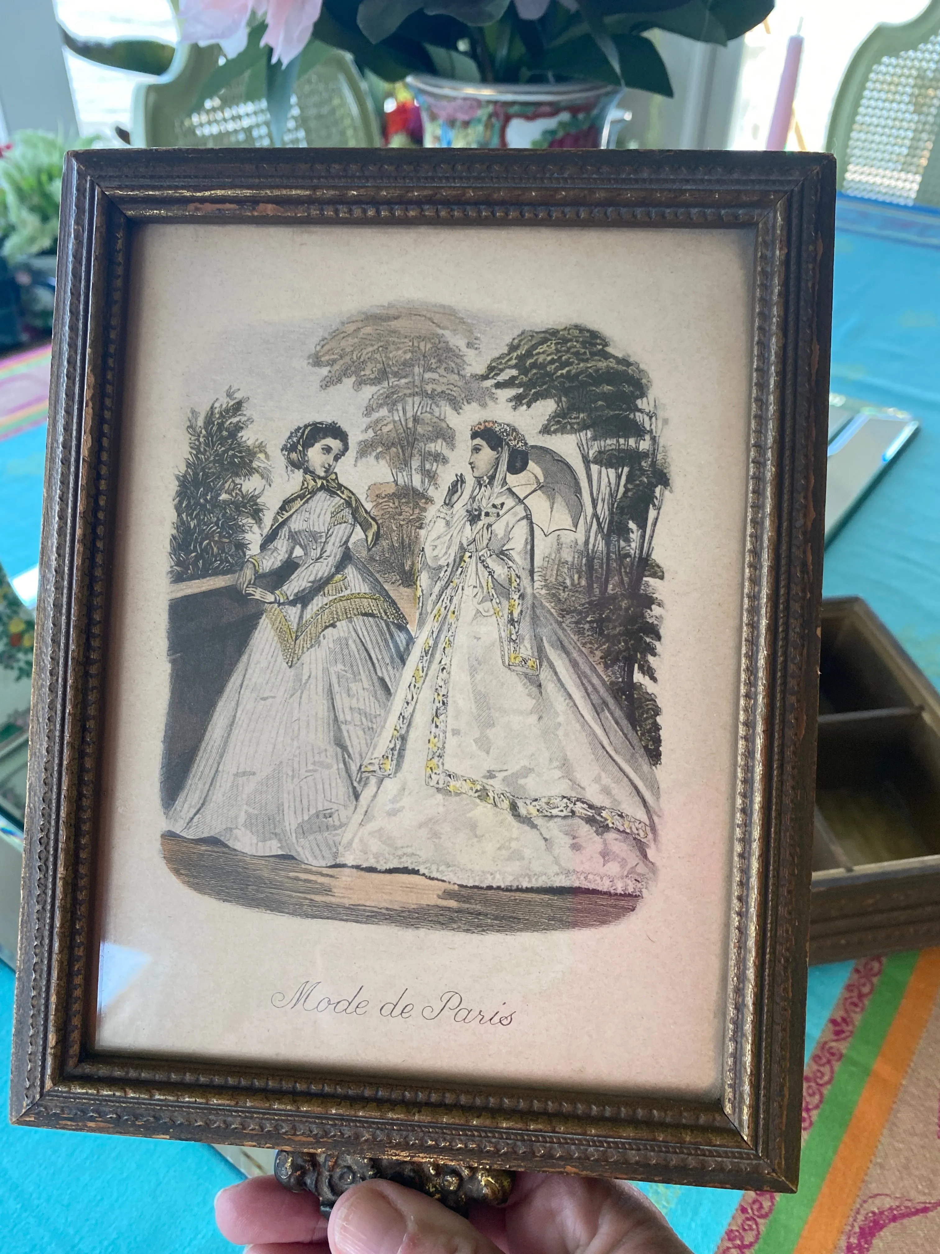 Antique Wooden French Mirror Jewelry Box With Artwork top