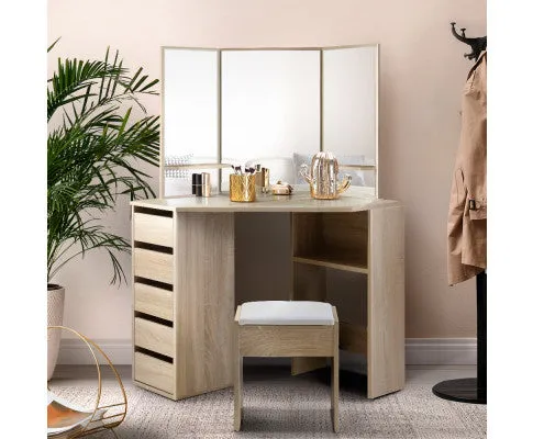 Artiss Dressing Table Stool Set Corner 5 Drawers Oak