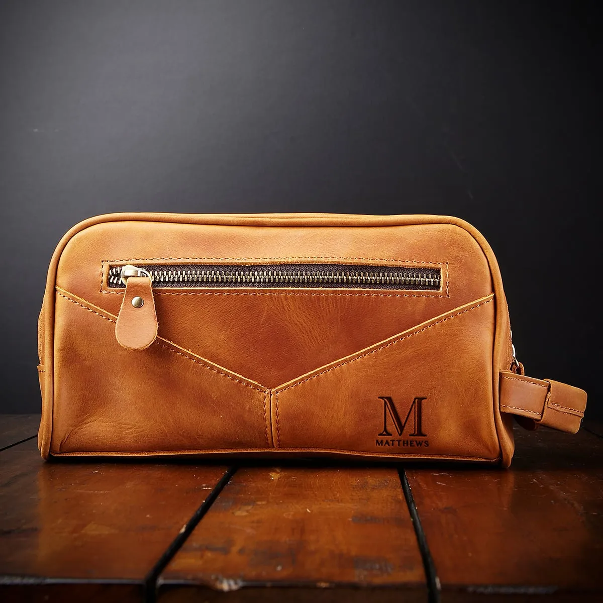 Beckham Mens Toiletry Bag - Monogrammed Brown Saddle Leather Multi-Pocket Dopp Kit