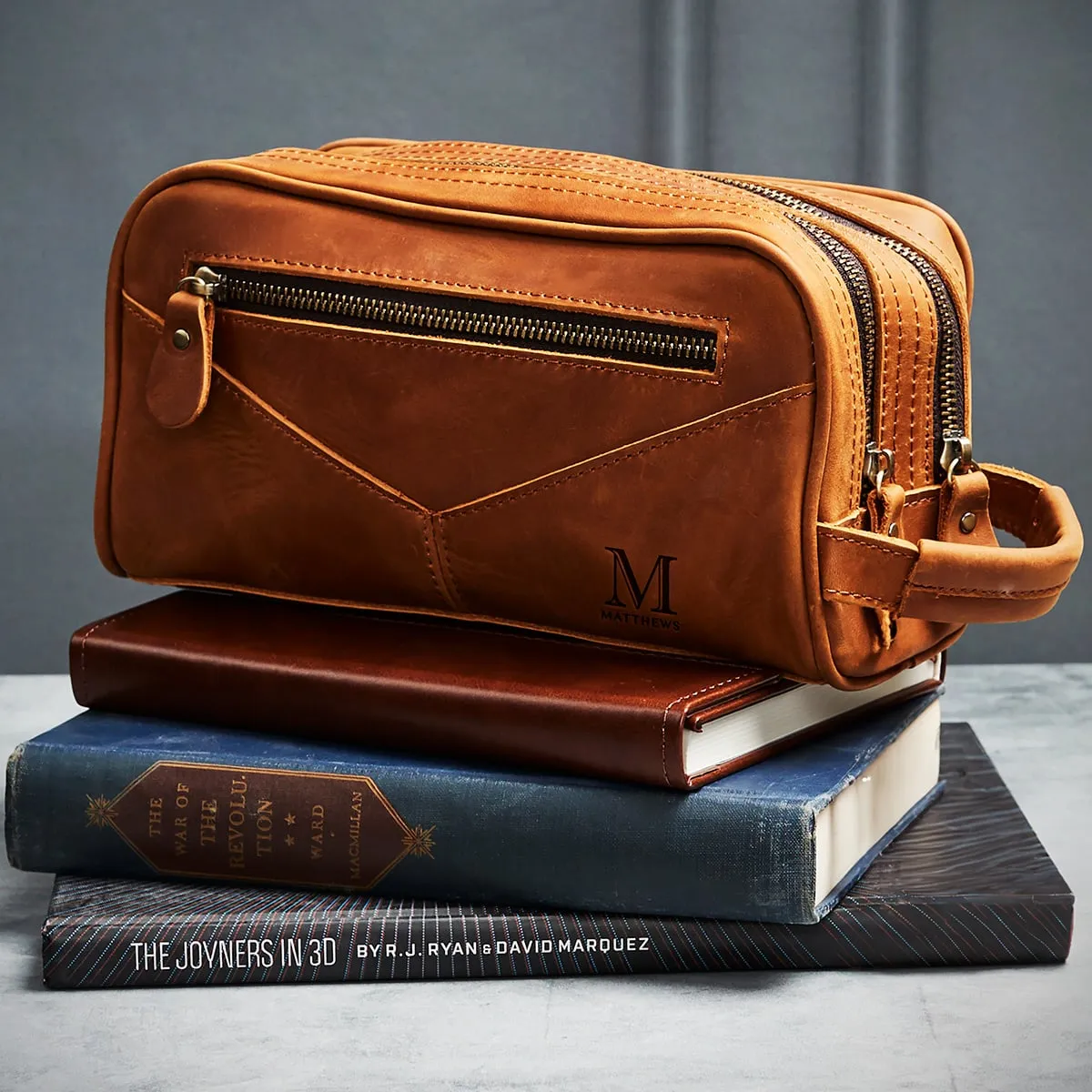 Beckham Mens Toiletry Bag - Monogrammed Brown Saddle Leather Multi-Pocket Dopp Kit