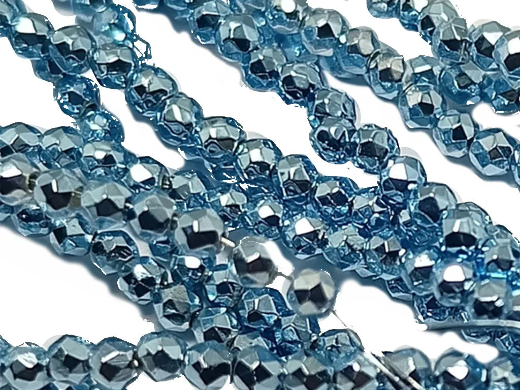Blue Metallic Spherical Faceted Glass Crystal Beads