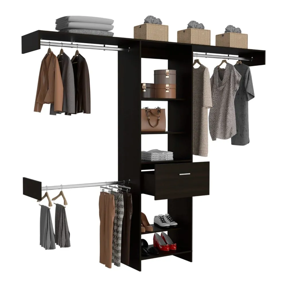 Brisk Closet System - One Drawer, Three Metal Rods, Five Open Shelves