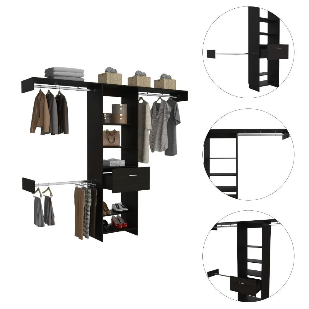 Brisk Closet System - One Drawer, Three Metal Rods, Five Open Shelves