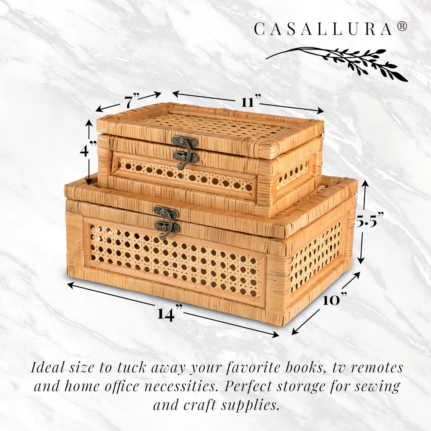 Casallura: Stackable Handcrafted Rattan and Cane Rectangular Display Boxes (Set of 2)