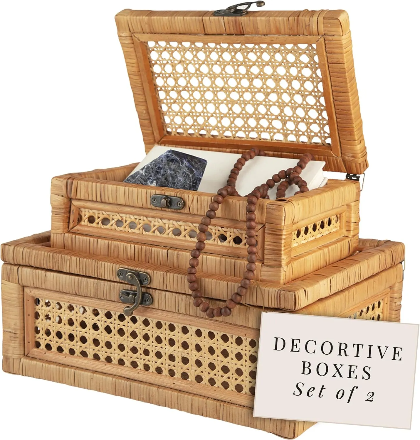 Casallura: Stackable Handcrafted Rattan and Cane Rectangular Display Boxes (Set of 2)