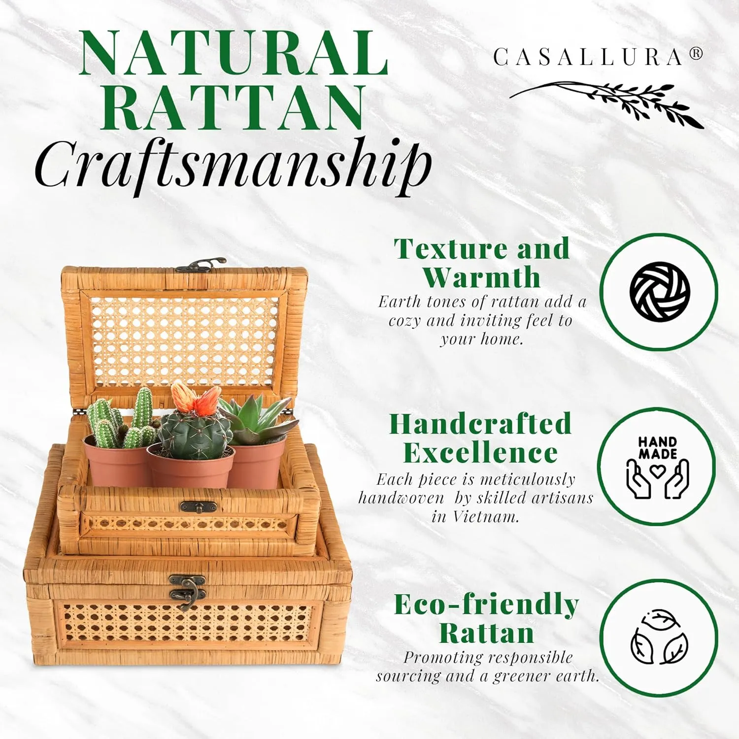 Casallura: Stackable Handcrafted Rattan and Cane Rectangular Display Boxes (Set of 2)