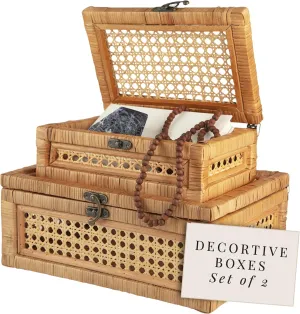 Casallura: Stackable Handcrafted Rattan and Cane Rectangular Display Boxes (Set of 2)