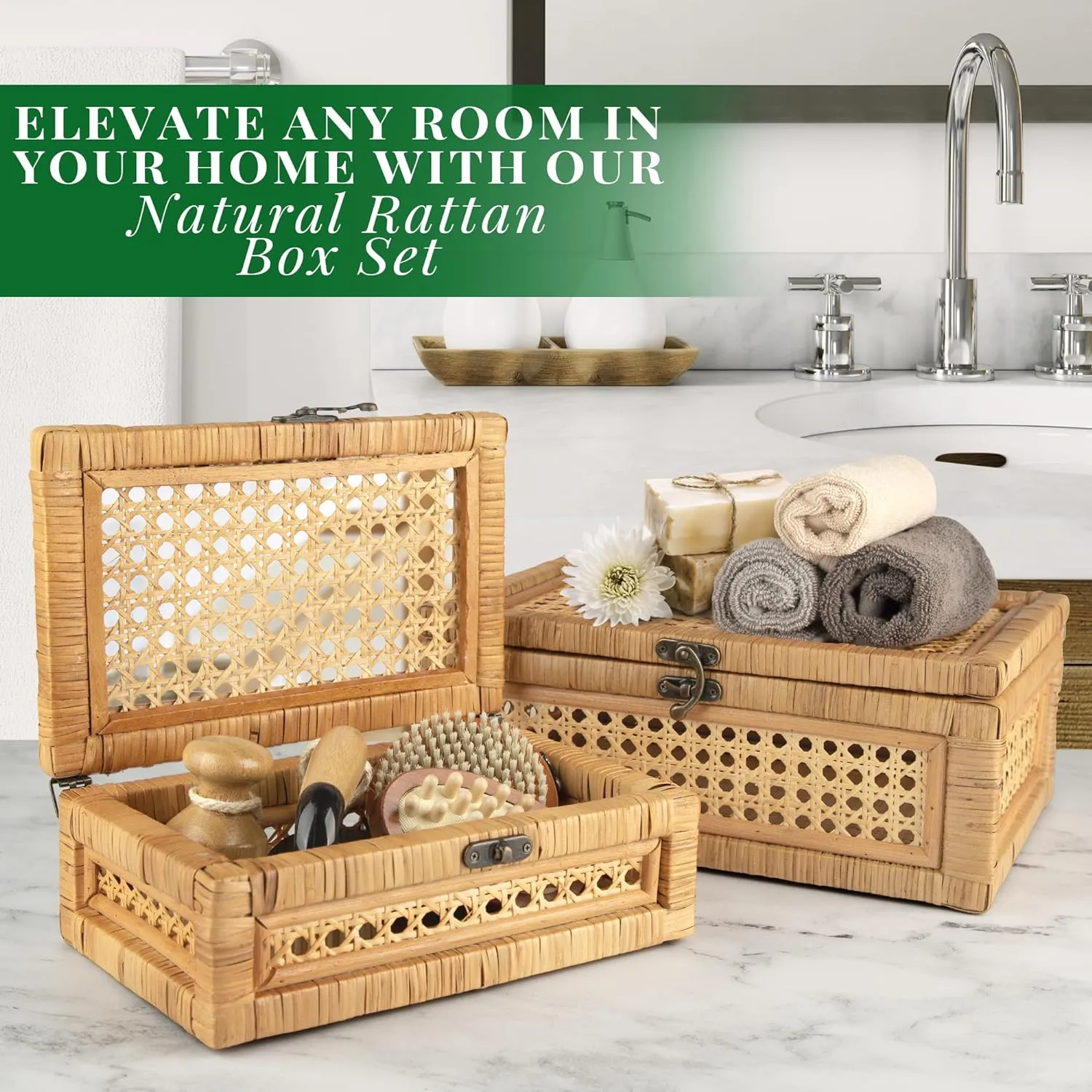 Casallura: Stackable Handcrafted Rattan and Cane Rectangular Display Boxes (Set of 2)