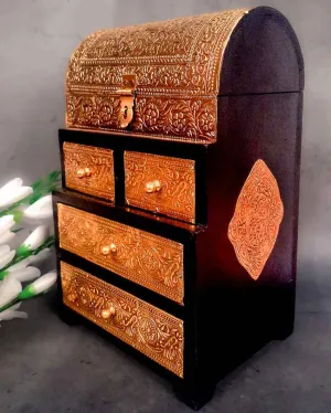 Classic Wood Polished Vintage Jewelry Box Brass Wooden Chest with Five Drawers | 9 x 7 x 13 inches
